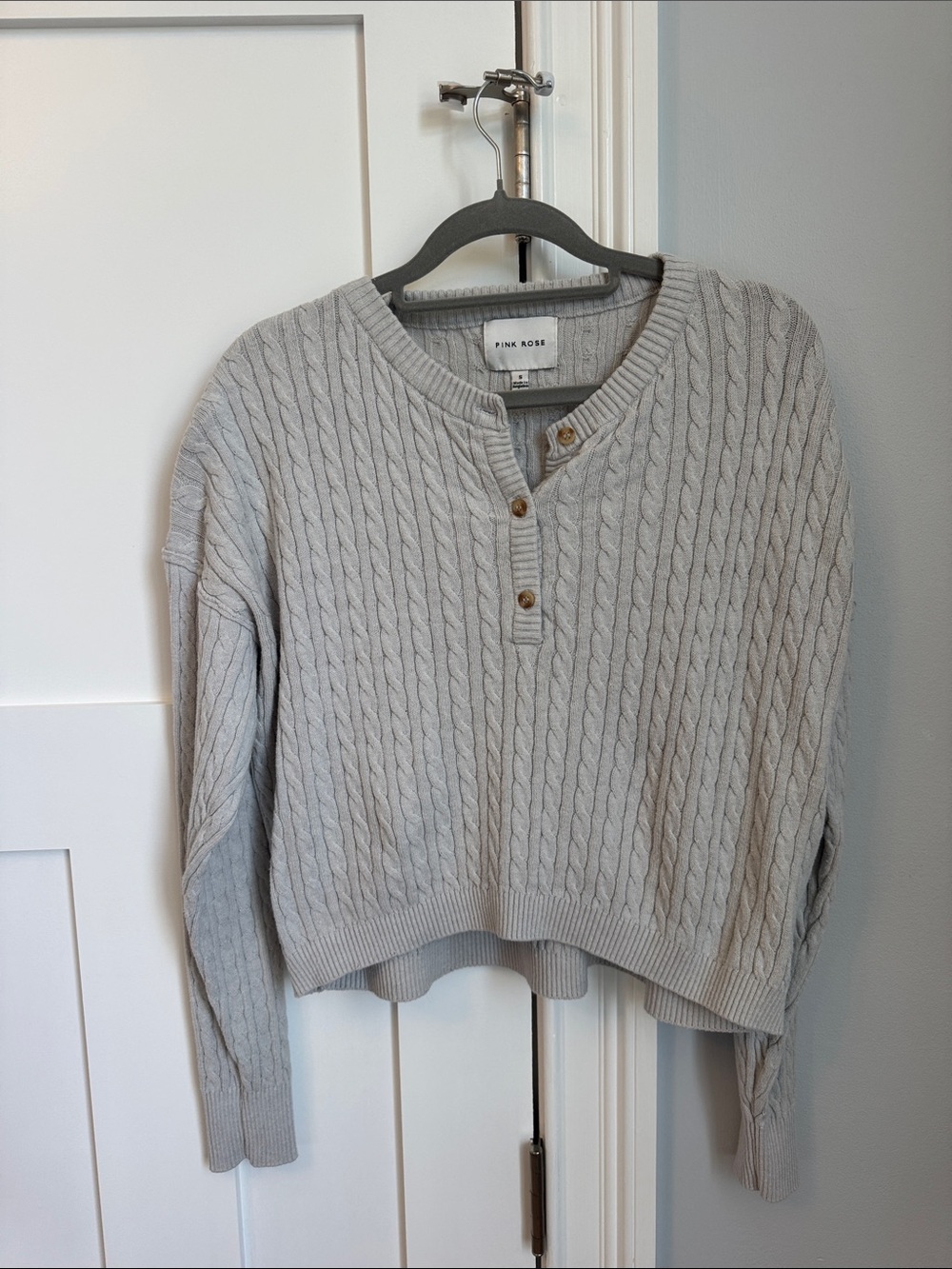 Pink Rose Heather Gray Cable-Knit Henley Sweater